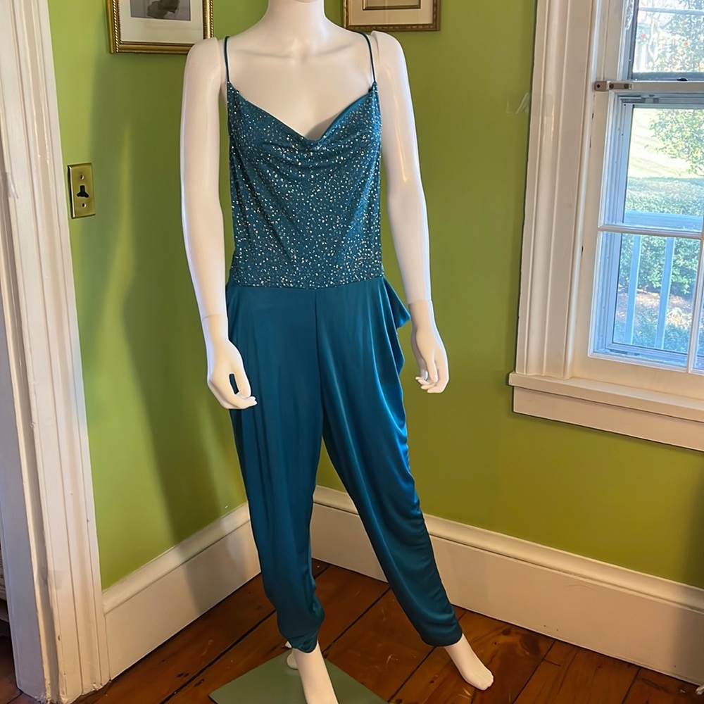 vintage 80s Nancy Bracoloni sparkly teal harem jumpsuit
